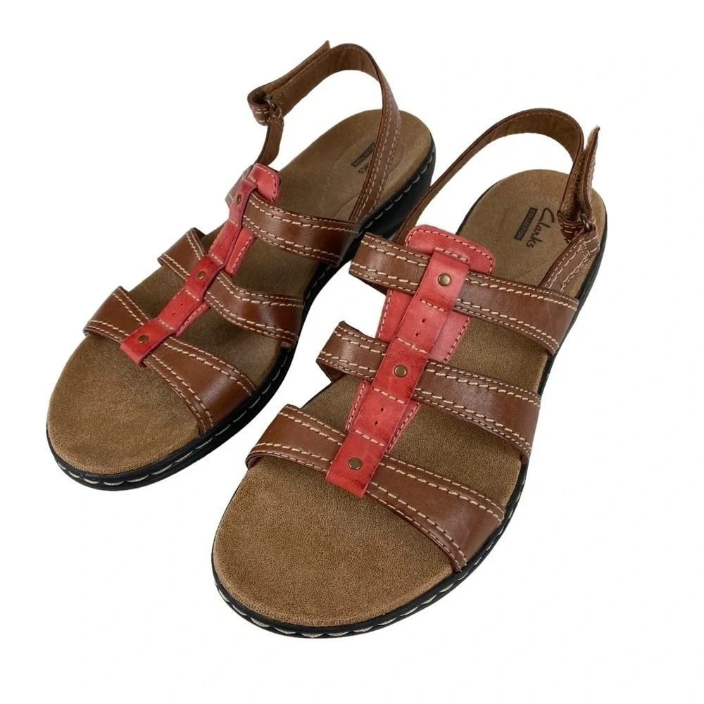 Clarks Brown Leather Sandals Slingback Pink  Women’s Size 12 Hook Loop Adj